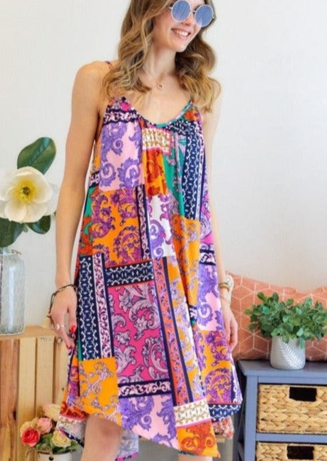 Made in USA | Adora Ladies Colorful Mixed Media Print with Spaghetti Straps Super Soft Summer Sun Dress for Beach, Vacation, Summer Parties  Classy Cozy Cool Women's Made in America Boutique