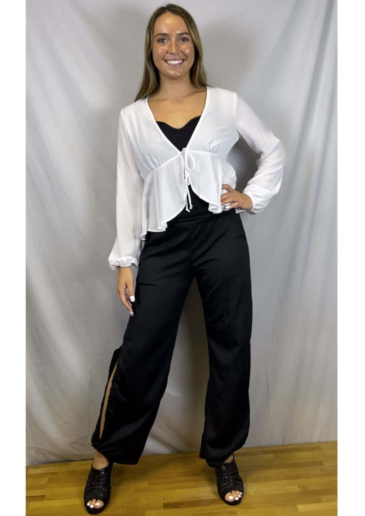 Ladies Bright White Tie Front Dressy Peplum Cardigan with Bubble Sleeves | Made in USA | Classy Cozy Cool Women's Made in America Boutique