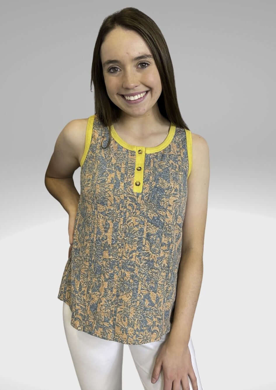 Floral Print Ladies Faded Out Henley Tank Top Available in Navy & Orange with Mustard Yellow Collar | Made in USA | Classy Cozy Cool American Boutique