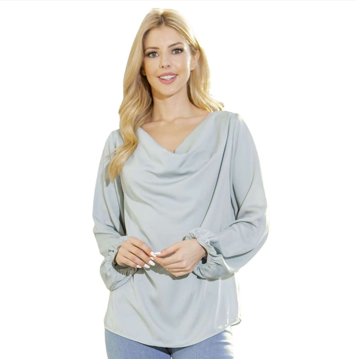 Made in USA Women's Relaxed Fit Beautiful Satin Cowl Neck Top in Powder Blue | Classy Cozy Cool Women's Made in America Clothing Boutique