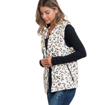 Super Soft Ladies Leopard Fleece Zipper Vest in Black, White & Camel | Orange Farm Style# OFV1396 | Made in USA | American Made Women's Clothing