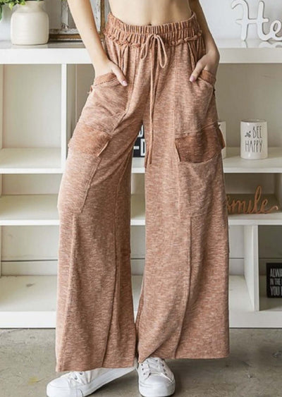 USA Made Ladies Vintage Look Wide Leg Cropped Ribbed Casual Pants With 6 Pockets in Vintage Rust Color | Classy Cozy Cool Women's Made in America Clothing Boutique