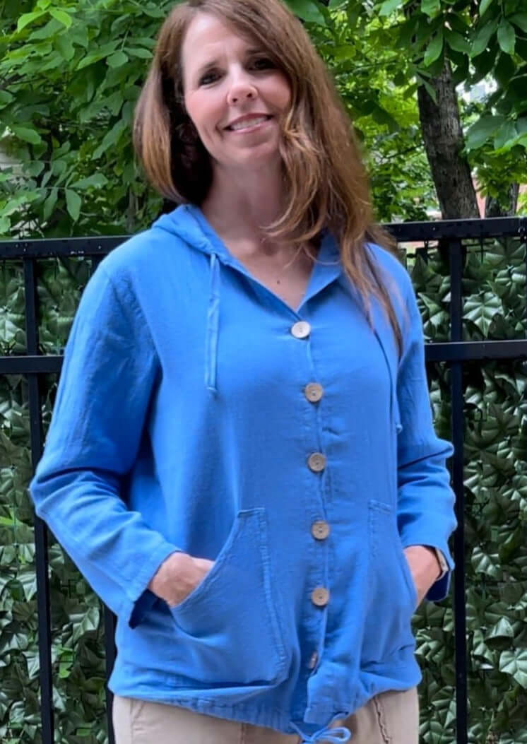 Made in USA Women's 100% Cotton Lightweight Button Down Beach Hoodie with Pockets in Blue | Classy Cozy Cool Women's Made in America Boutique