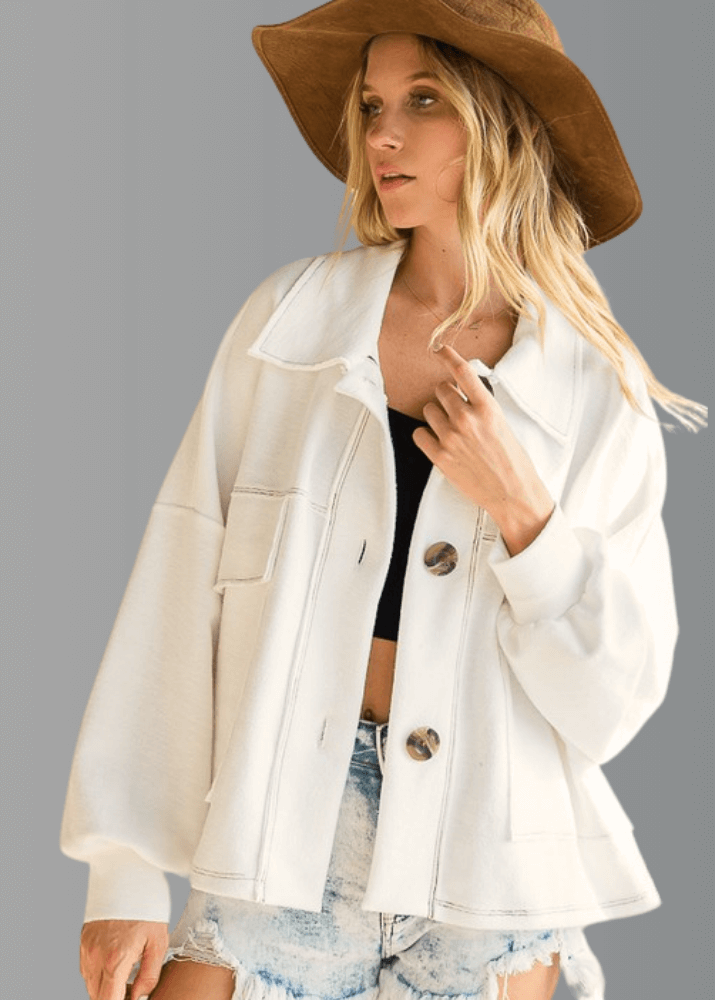Bucket List | Style T1220 | Oversized French Terry Cotton Button Down Shacket with Stitch Detail in Off White | Made in the USA | Classy Cozy Cool Women’s Clothing Boutique