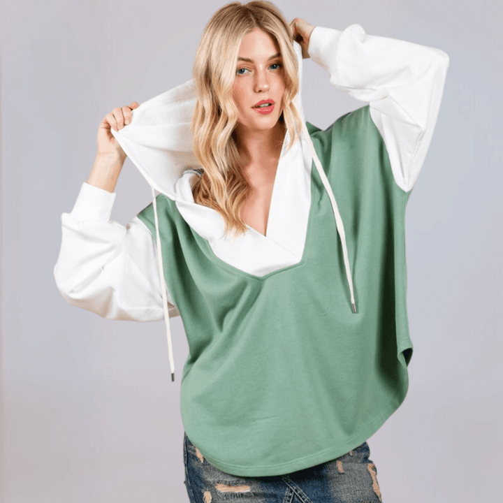 Made in USA Women's Contrast Oversized Hoodie Sweatshirt Hoodie with Drawstring, Deep V-Neck, Drop Shoulder, 2-Tone Contrast Available in Sage/White and Beige/Taupe | Classy Cozy Cool Made in America Boutique