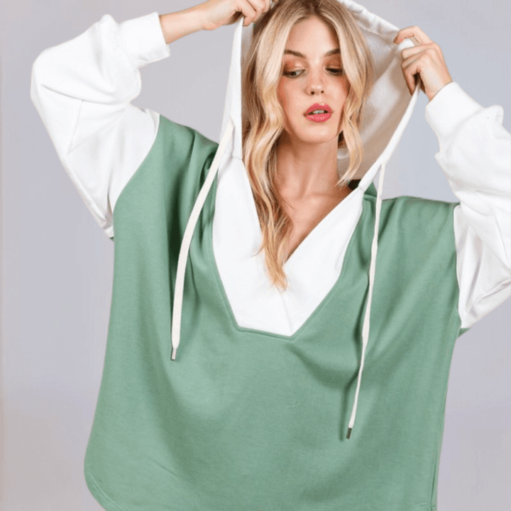 Made in USA Women's Contrast Oversized Hoodie Sweatshirt Hoodie with Drawstring, Deep V-Neck, Drop Shoulder, 2-Tone Contrast Available in Sage/White and Beige/Taupe | Classy Cozy Cool Made in America Boutique