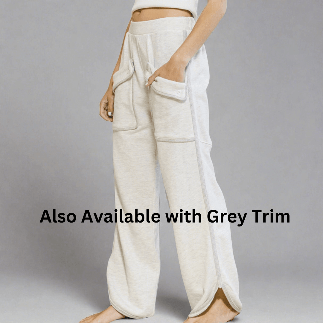 Bucket List Fashion Clothing Style# P5420 | Women's Patch Pocket Wide Leg Sweat Pants Made in USA in Heather Grey | Classy Cozy Cool Made in America Boutique