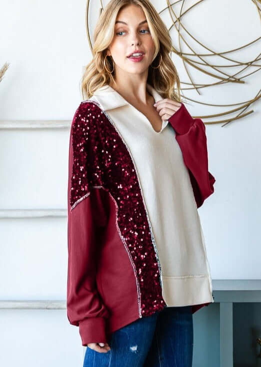 USA Made Women's V-Neck Collared Dolman Sleeves Sequins Detail Color Block Long Sleeves Pullover Style Drop Shoulder Relaxed Fit Top with Contrast Exposed Stitch in Burgundy & Ivory