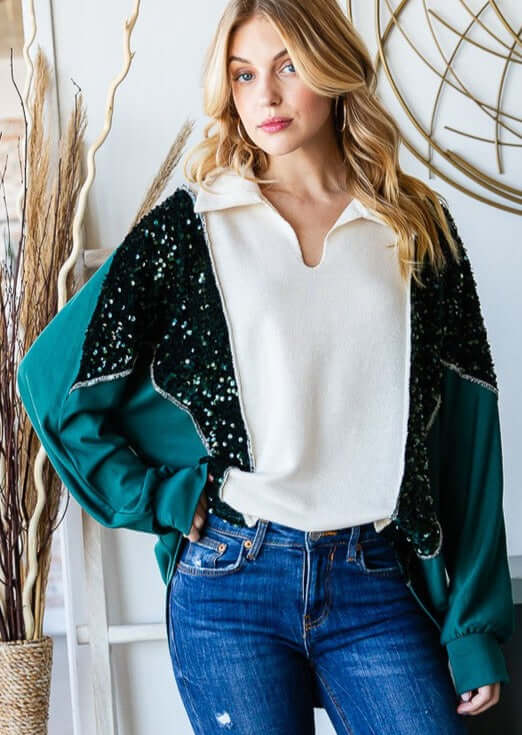 USA Made Women's V-Neck Collared Dolman Sleeves Sequins Detail Color Block Long Sleeves Pullover Style Drop Shoulder Relaxed Fit Top with Contrast Exposed Stitch in Hunter Green & Ivory