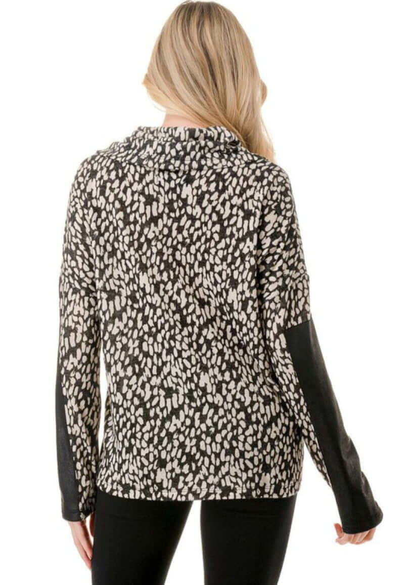 Ladies Black & Ivory Animal Print Cowl Neck Sweater Top with Faux Leather Sleeve Detail | Made in USA