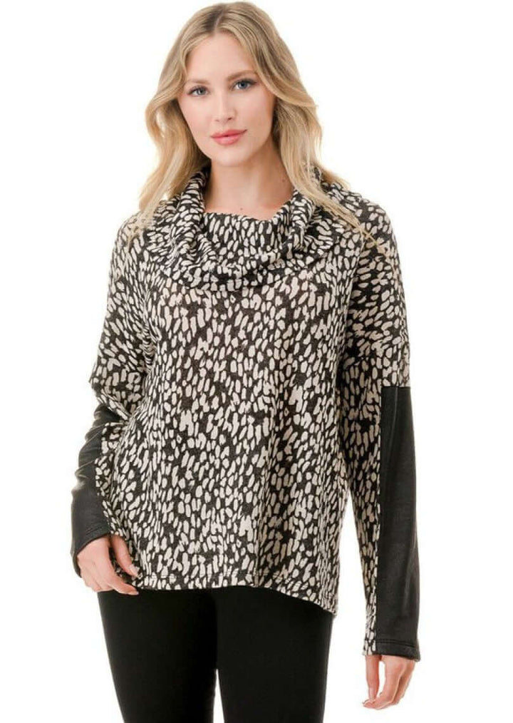 Ladies Black & Ivory Animal Print Cowl Neck Sweater Top with Faux Leather Sleeve Detail | Made in USA