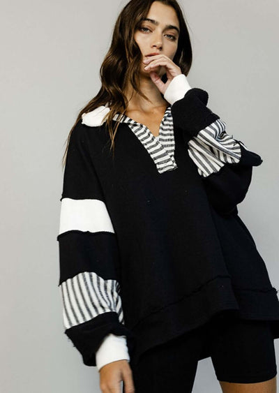 Made in USA | Brand: Bucket List Clothing Style# T2004 | Oversized Ladies French Terry Color Block Sweatshirt with Collar in Black & Ivory | Made in USA
