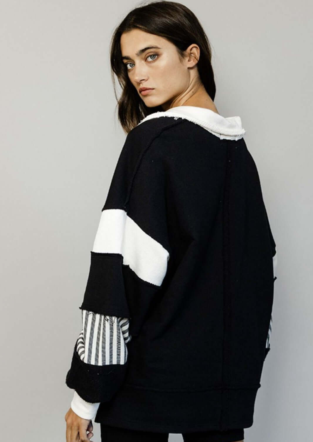 Made in USA | Brand: Bucket List Clothing Style# T2004 | Oversized Ladies French Terry Color Block Sweatshirt with Collar in Black & Ivory | Made in USA