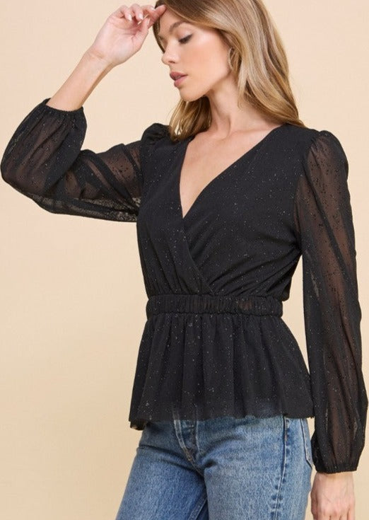 Made in USA |  Women's Peplum Style Glitter Mesh Top with Deep V-Neck & Puff Sleeves in Black | If She Loves Style IST1320 | Classy Cozy Cool Women's Made in America Boutique