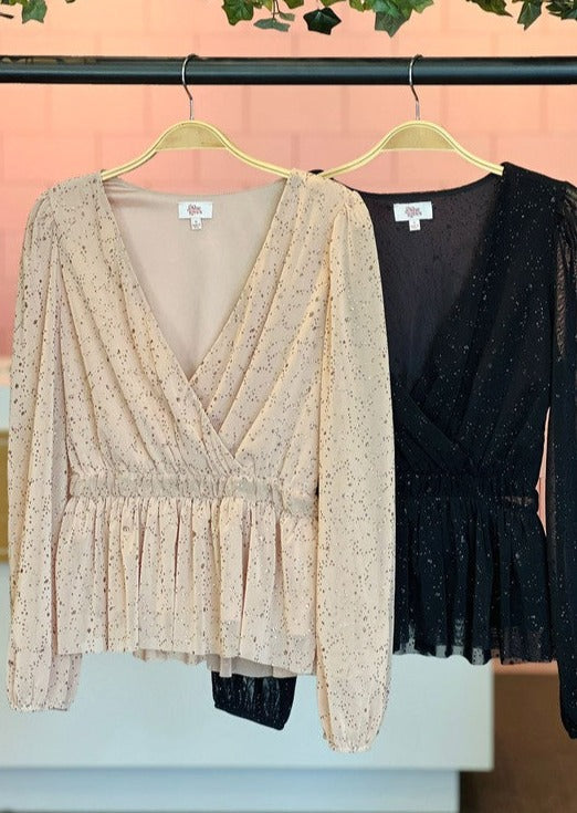 Made in USA |  Women's Peplum Style Glitter Mesh Top with Deep V-Neck & Puff Sleeves in Black or Tan | If She Loves Style IST1320 | Classy Cozy Cool Women's Made in America Boutique