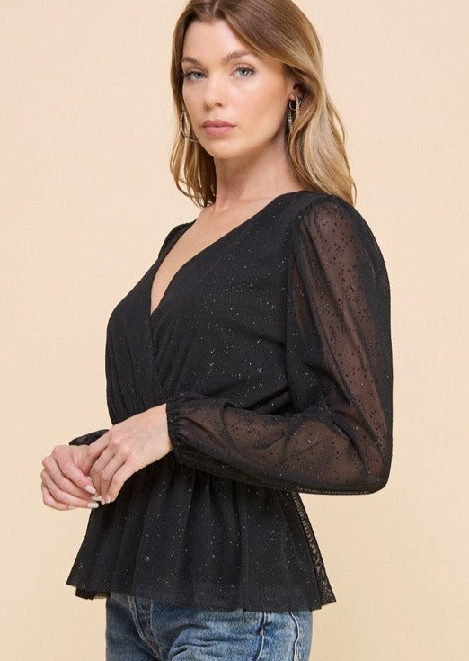 Made in USA |  Women's Peplum Style Glitter Mesh Top with Deep V-Neck & Puff Sleeves in Black | If She Loves Style IST1320 | Classy Cozy Cool Women's Made in America Boutique