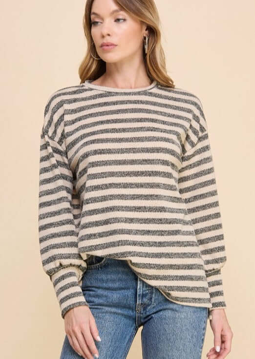 Made in USA Women's Relaxed Fit Crew Neck Sweater Knit Striped Pullover  in Oatmeal with Grey Stripes | If She Loves Style  IST1315 | Classy Cozy Cool Women's Made in America Clothing Boutique