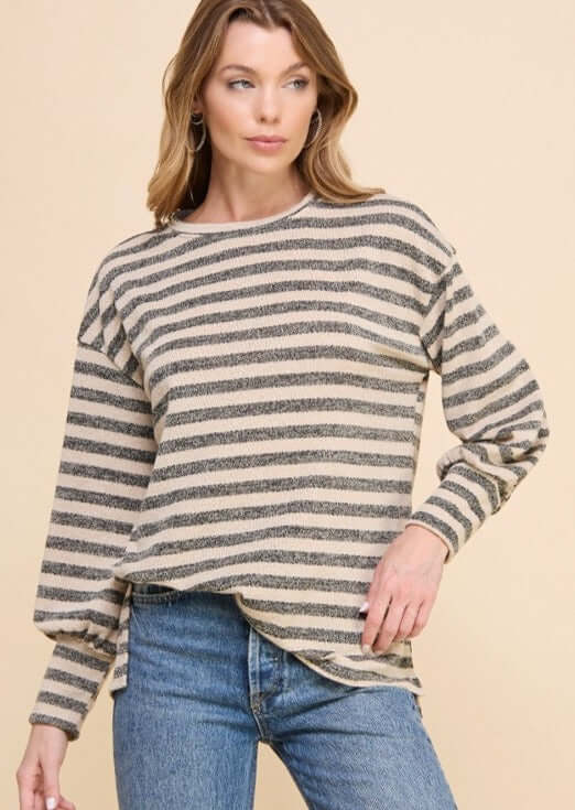 Made in USA Women's Relaxed Fit Crew Neck Sweater Knit Striped Pullover  in Oatmeal with Grey Stripes | If She Loves Style  IST1315 | Classy Cozy Cool Women's Made in America Clothing Boutique