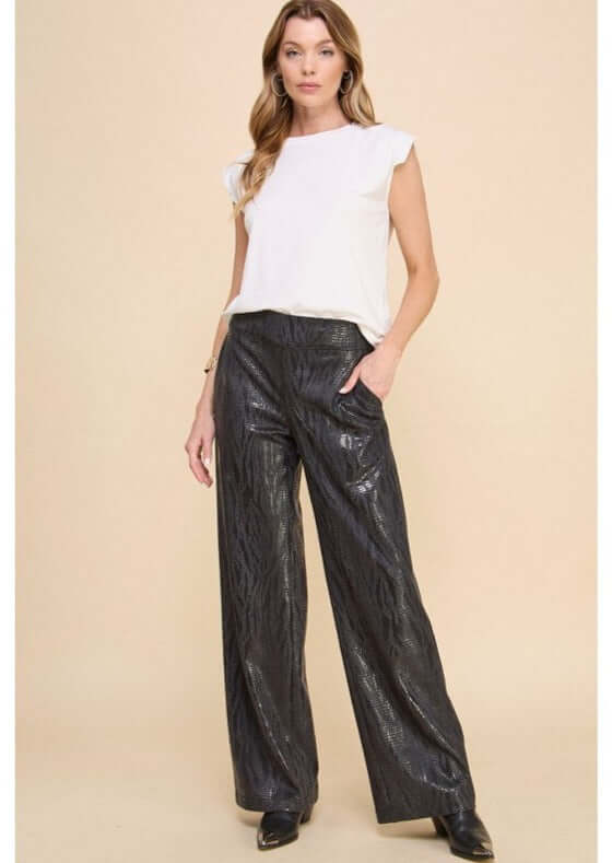 Made in USA Women's Fashion Faux Leather Pull on Style Stretchy Material Zebra Print Embossed Fabric Pants with Elastic on Back in Black | Classy Cozy Cool Women's Made in America Clothing Boutique