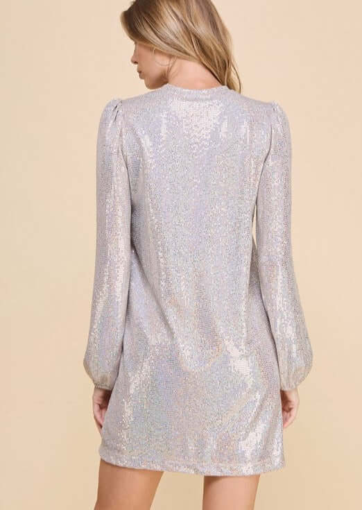 Woman's Glam Silver Sequins Mini Dress for Holiday Party | Made in USA | Featuring shimmering sequins, long puff sleeves, and a figure-flattering cut