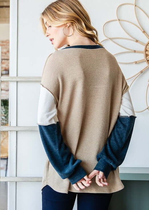 Made in USA Women's Color Block Lightweight Sweater Knit Pullover In Aegean Blue, Tan & Off White | Classy Cozy Cool Women's Made in America Clothing Boutique