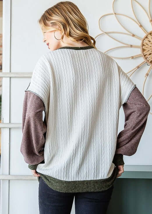 Made in USA Women's Color Block Lightweight Sweater Knit Pullover with Kangaroo Pocket In Olive, Mauve & Cream | Classy Cozy Cool Women's Made in America Clothing Boutique