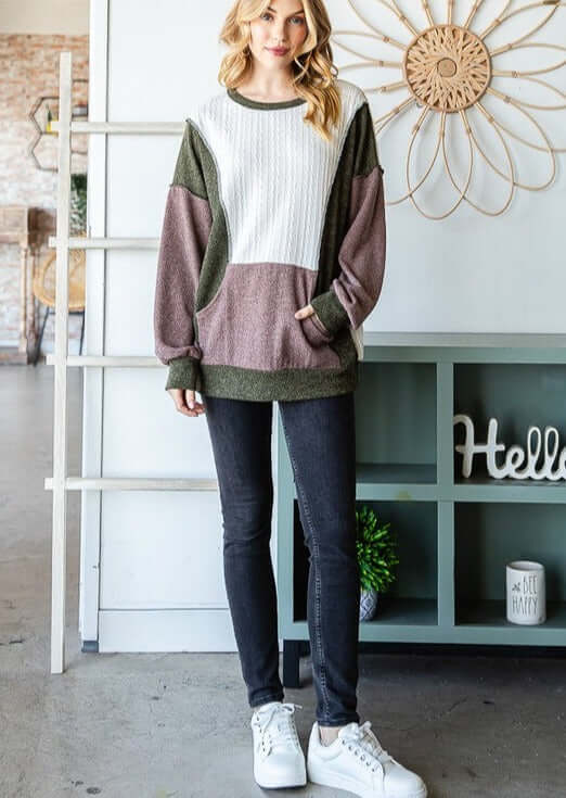 Made in USA Women's Color Block Lightweight Sweater Knit Pullover with Kangaroo Pocket In Olive, Mauve & Cream | Classy Cozy Cool Women's Made in America Clothing Boutique