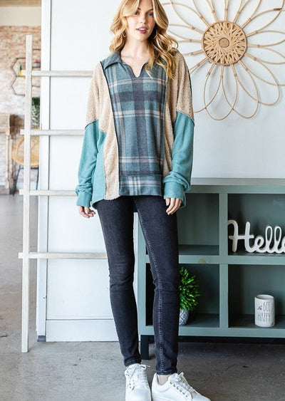 USA Made Women's Hunter Green Plaid Color Block Pullover with V-Neck in Hunter Green, Tan & Charcoal | Classy Cozy Cool Women's Made in America Boutique