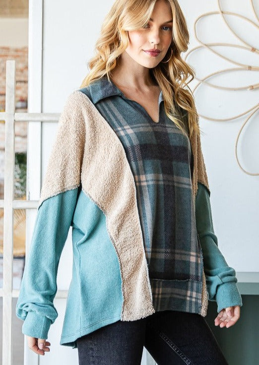 USA Made Women's Hunter Green Plaid Color Block Pullover with V-Neck in Hunter Green, Tan & Charcoal | Classy Cozy Cool Women's Made in America Boutique