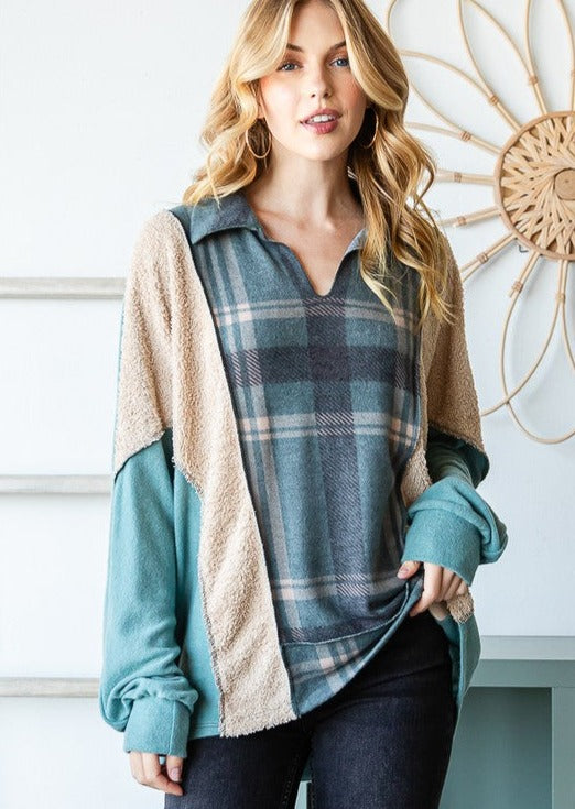 USA Made Women's Hunter Green Plaid Color Block Pullover with V-Neck in Hunter Green, Tan & Charcoal | Classy Cozy Cool Women's Made in America Boutique