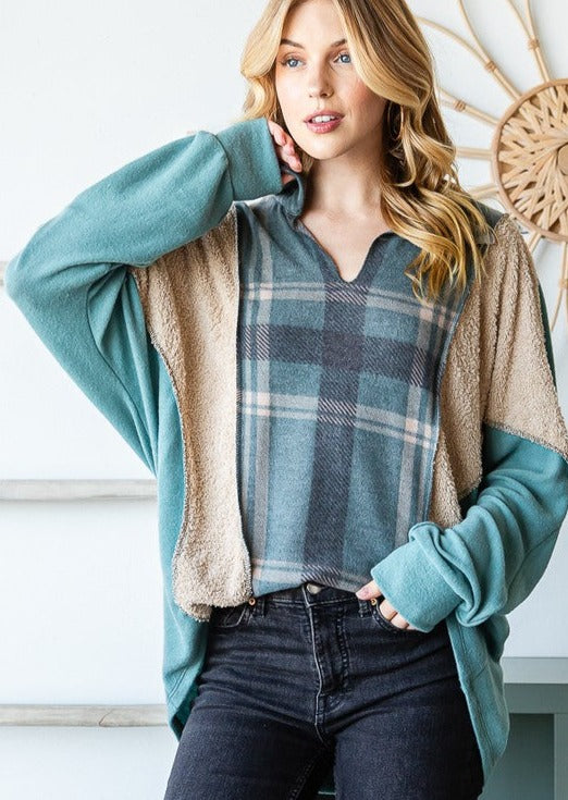 USA Made Women's Hunter Green Plaid Color Block Pullover with V-Neck in Hunter Green, Tan & Charcoal | Classy Cozy Cool Women's Made in America Boutique