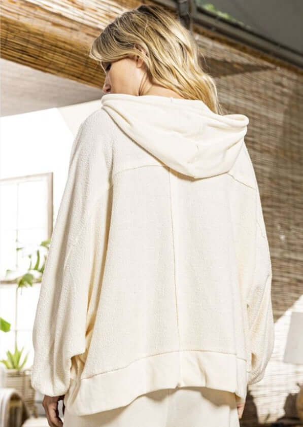 Bucket List Clothing Style# T2015 | French Terry Cotton Pullover Hoodie with Button Front in Cream Color | Made in USA | Classy Cozy Cool Women's Made in America Boutique