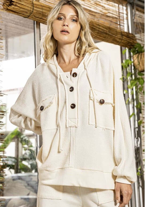 Bucket List Clothing Style# T2015 | French Terry Cotton Pullover Hoodie with Button Front in Cream Color | Made in USA | Classy Cozy Cool Women's Made in America Boutique