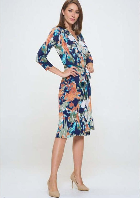 Beautiful Ladies Sienna Print Jersey Midi Wrap Dress with 3/4 Sleeves in Navy, Coral, Green, White & Turquoise | Renee C. Style 4329DR4 | Proudly Made in USA | Classy Cozy Cool Clothing Boutique