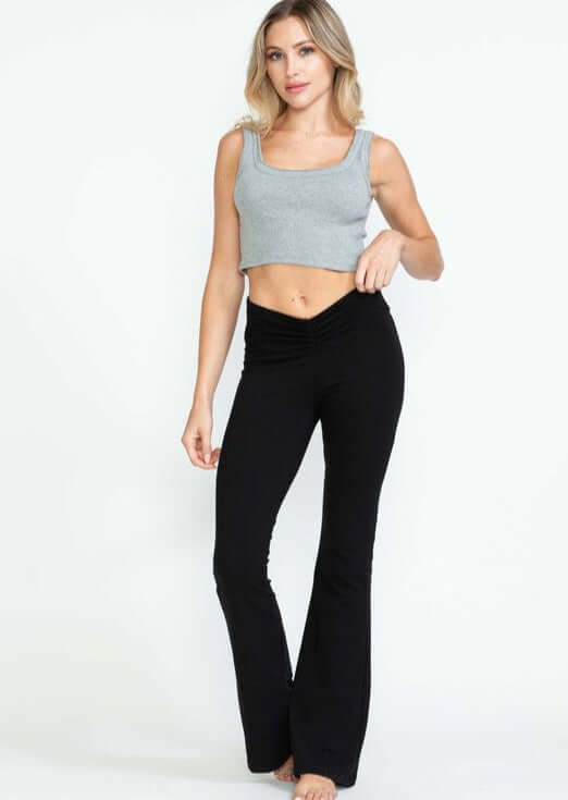Women's Black Cotton Spandex V-Waist Shirring Fit & Flare Bootcut Athletic Yoga Pants Made in USA | Classy Cozy Cool Women's Made in America Boutique