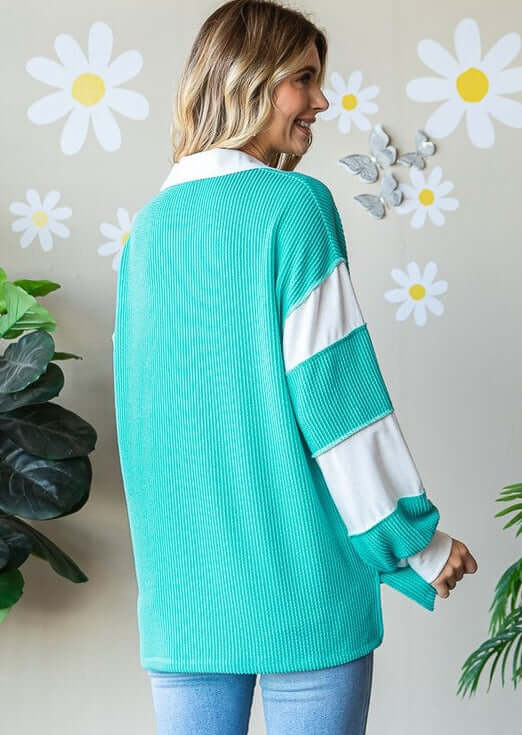 Made in USA Women's Turquoise and White Ribbed Knit Collared Oversized Collared Top with  Exposed Raw Edge Seams and Drop Shoulders Classy Cozy Cool Made in America Boutique