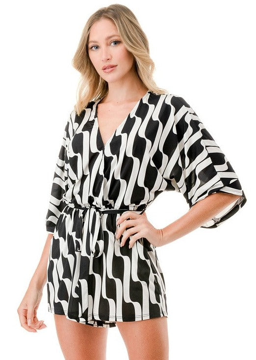 Made in USA Women's Black & White Geometric V-Neck Shorts Romper with Half Sleeves | Classy Cozy Cool Made in America Boutique