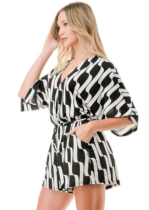 Made in USA Women's Black & White Geometric V-Neck Shorts Romper with Half Sleeves | Classy Cozy Cool Made in America Boutique