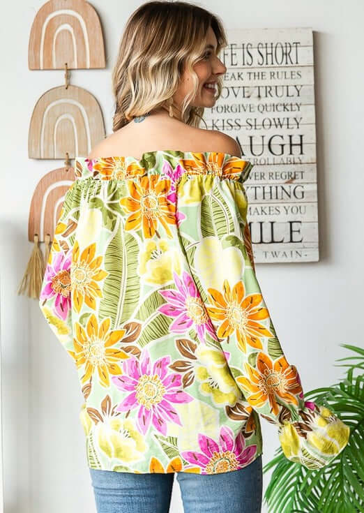 USA Made Ladies Off the Shoulder Colorful Floral Top with Ruffled Neckline & Tie Front  | Classy Cozy Cool Women's Made in America Clothing Boutique