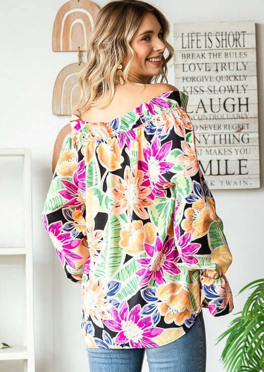 USA Made Ladies Off the Shoulder Colorful Floral Top with Ruffled Neckline & Tie Front  | Classy Cozy Cool Women's Made in America Clothing Boutique