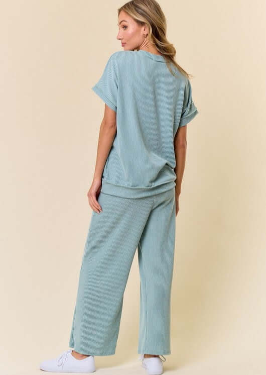 USA Made Women's Cozy Sunday Light Blue Soft Ribbed V-Neck Top & Bottom Lounge Set | Classy Cozy Cool Women's Made in America Boutique
