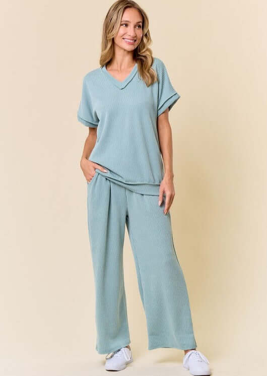 USA Made Women's Cozy Sunday Light Blue Soft Ribbed V-Neck Top & Bottom Lounge Set | Classy Cozy Cool Women's Made in America Boutique