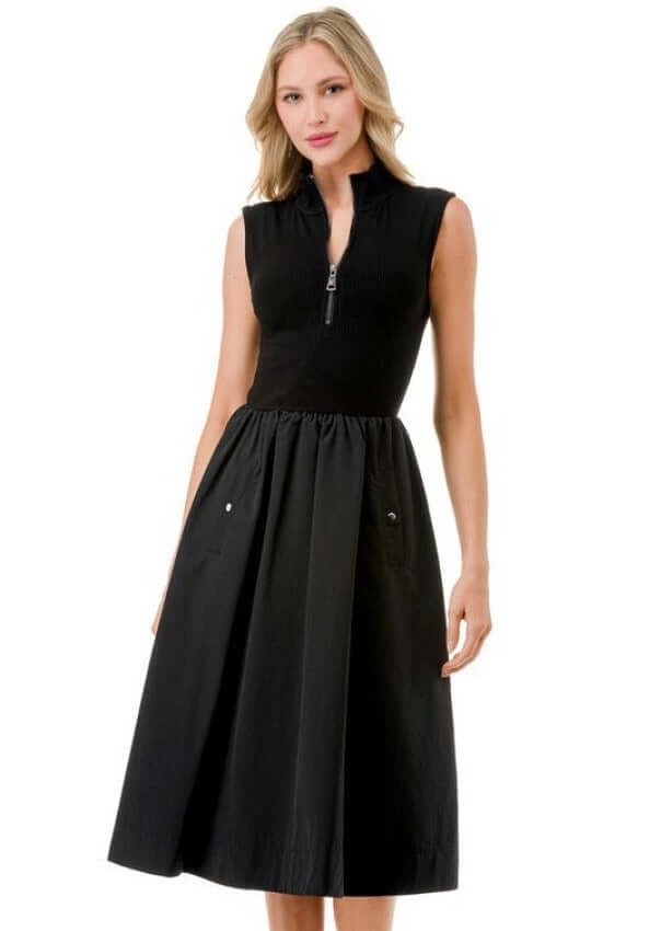 Made in USA Women's Classic Silhouette Sleeveless Fit & Flare Black Midi Dress with High Neck, Zip up Neckline and Pockets | Classy Cozy Cool Made in America Boutique