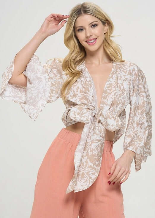 USA Made Women's Tan & White Floral Print Tie Front Accent Cardigan Top | Versatile Tie for many Outfit Designs | Classy Cozy Cool Women's Made in USA Boutique