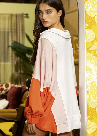 Bucket List Clothing Style# T2087 | Oversized Spread Collared V-Neck Color Block French-Terry Cotton fabric Raw Edge detail Pullover Top with Elastic cuffs in Pink, Red & White 