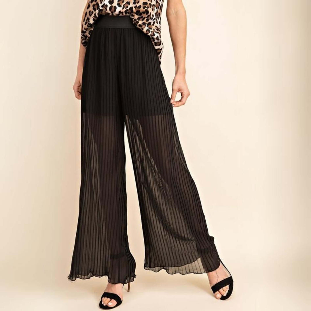 Made in USA Women's Bold & Beautiful Black Sheer Wide Leg Flowy Pleated Pants with Short Length Lining for Going Out & Dressy Events | Classy Cozy Cool Women's Made in America Boutique