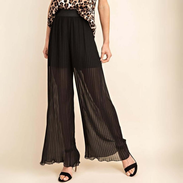 Made in USA Women's Bold & Beautiful Black Sheer Wide Leg Flowy Pleated Pants with Short Length Lining for Going Out & Dressy Events | Classy Cozy Cool Women's Made in America Boutique