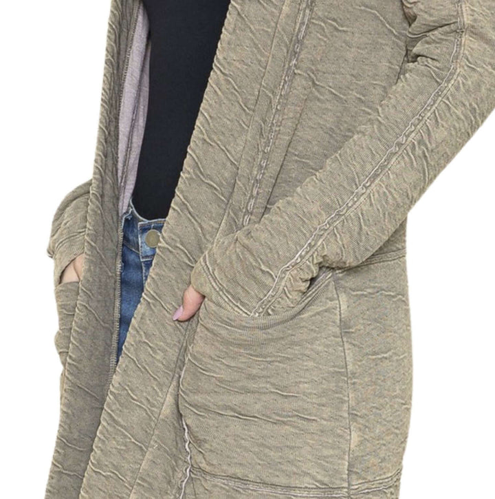 USA Made Women's Garment Dyed Vintage Washed Open Front Textured Cardigan in Taupe | American Able Style# 418108 | Classy Cozy Cool Made in America Clothing Boutique