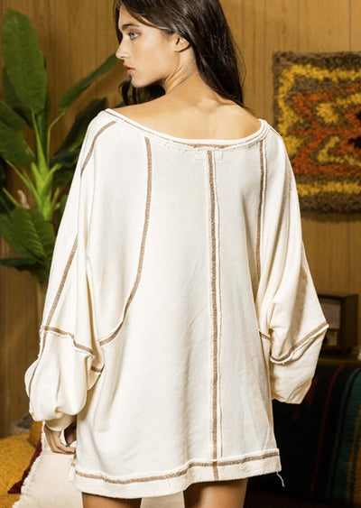 USA Made Women's Cream Oversized Drop Shoulder Raglan Sweatshirt with Brown Stitch in High Low Design | Bucket List Clothing Style T2094