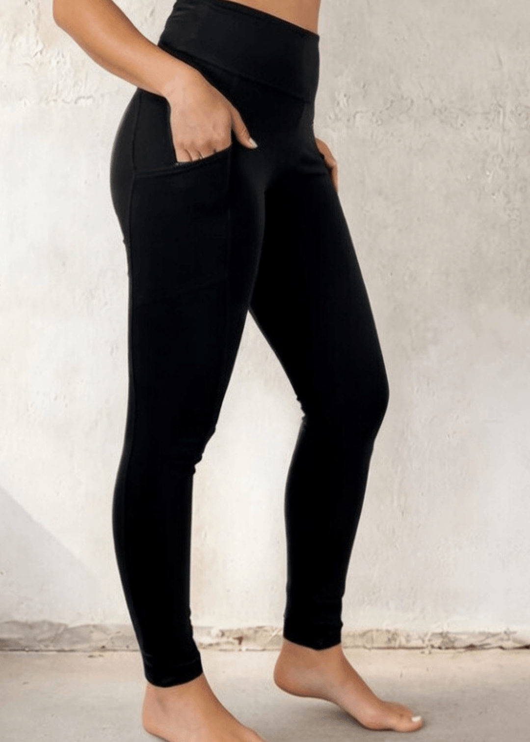 Made in USA Women's Tummy Control Wide Waistband Cotton Spandex Garment Washed Solid Leggings with Large Side Pockets in Black | Classy Cozy Cool Made in America Boutique